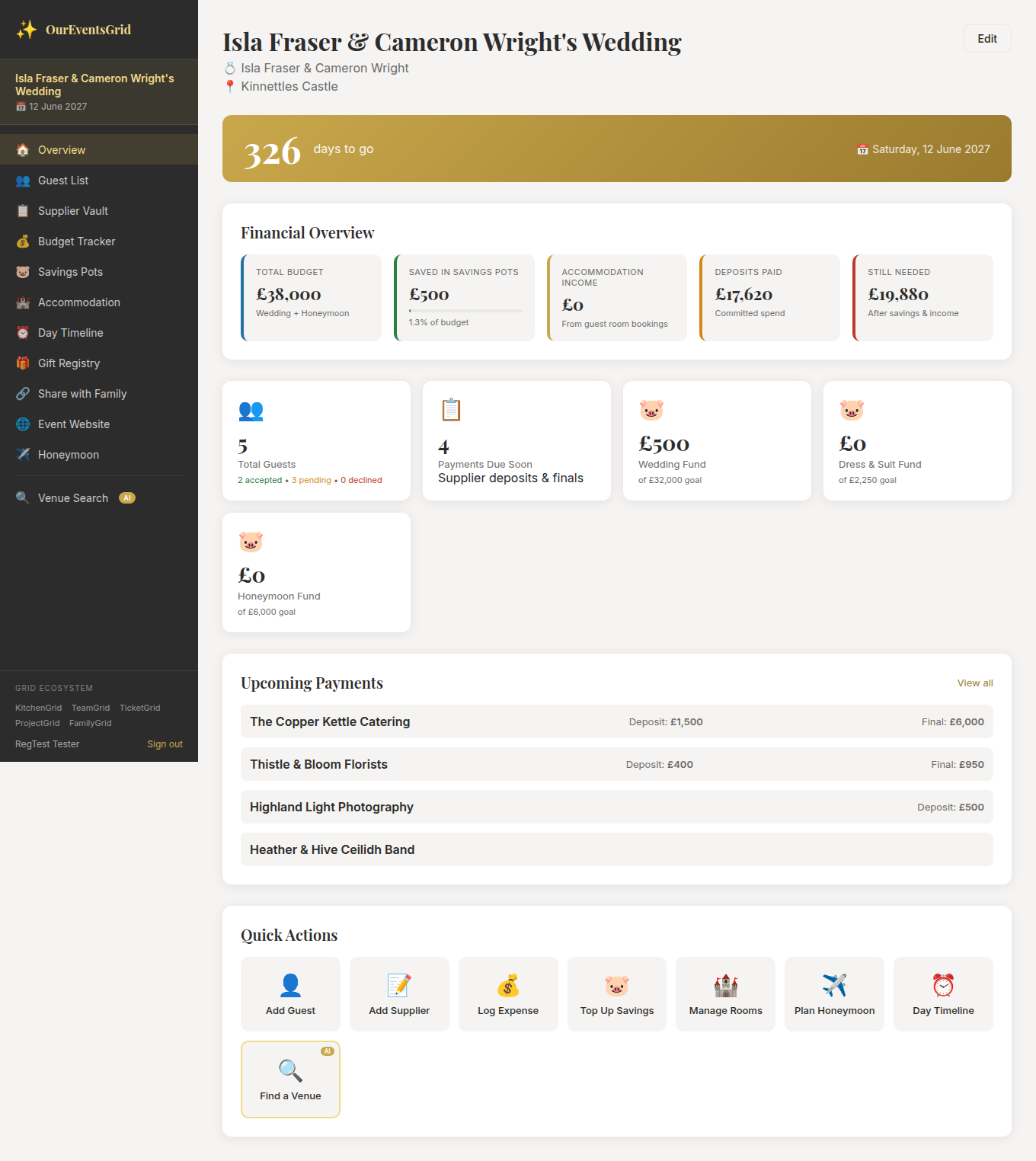 Event overview dashboard with financial summary and quick actions