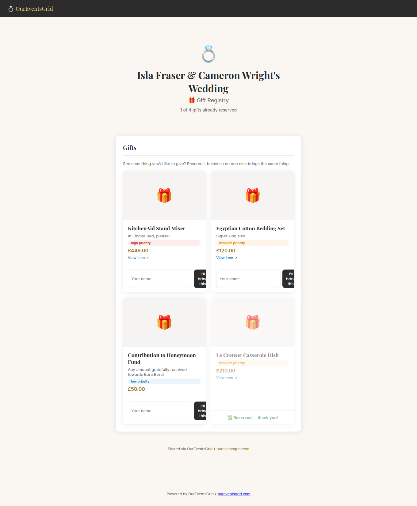 Public gift registry page where guests can reserve gifts
